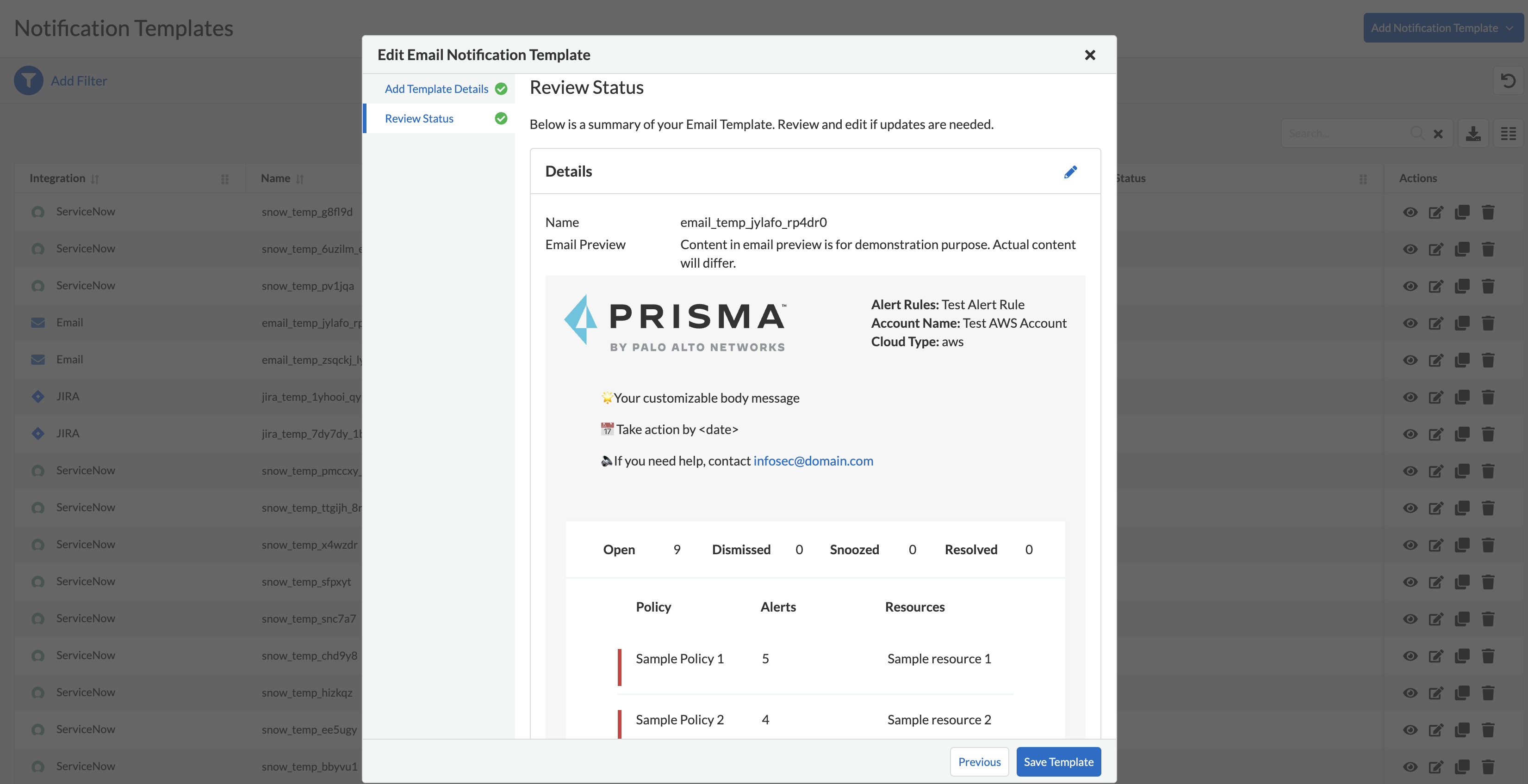 alert rules custom email review status