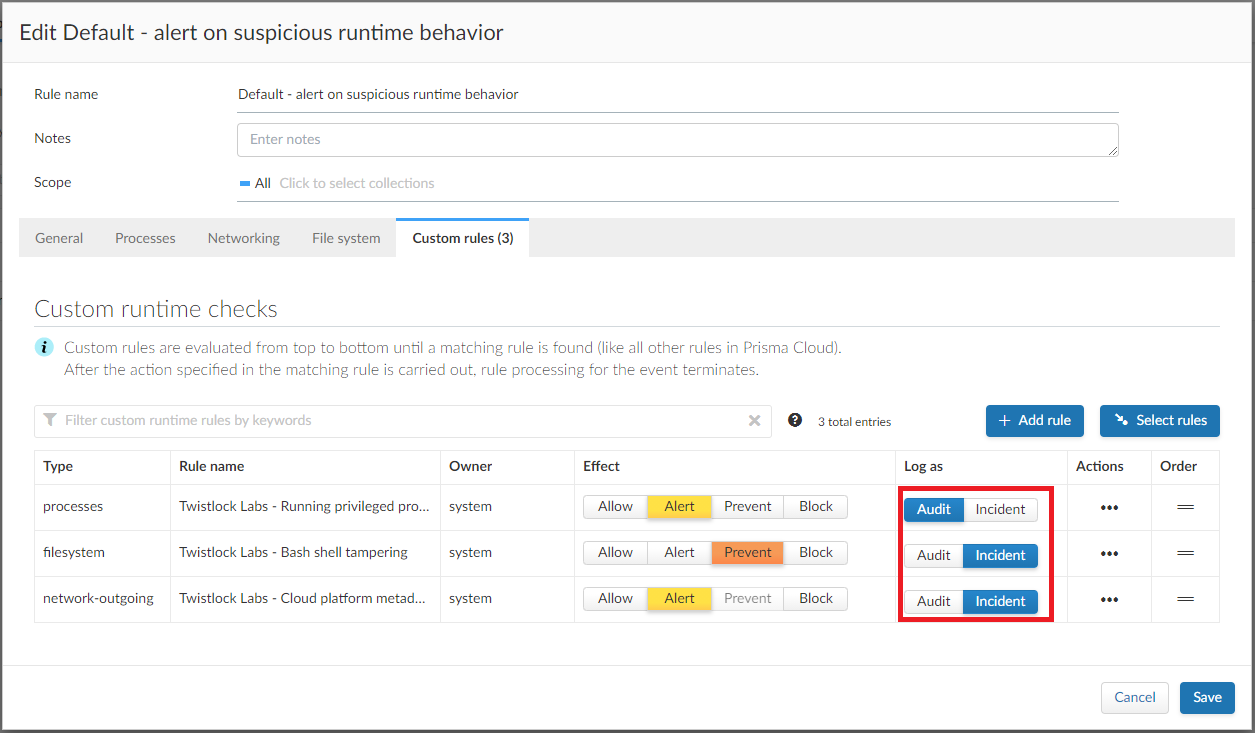 custom runtime rules log as
