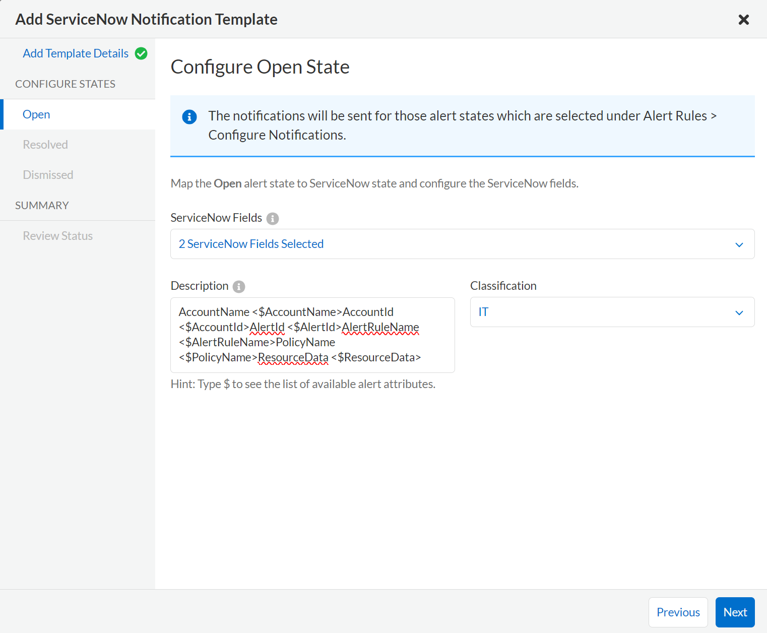 servicenow notification template fields