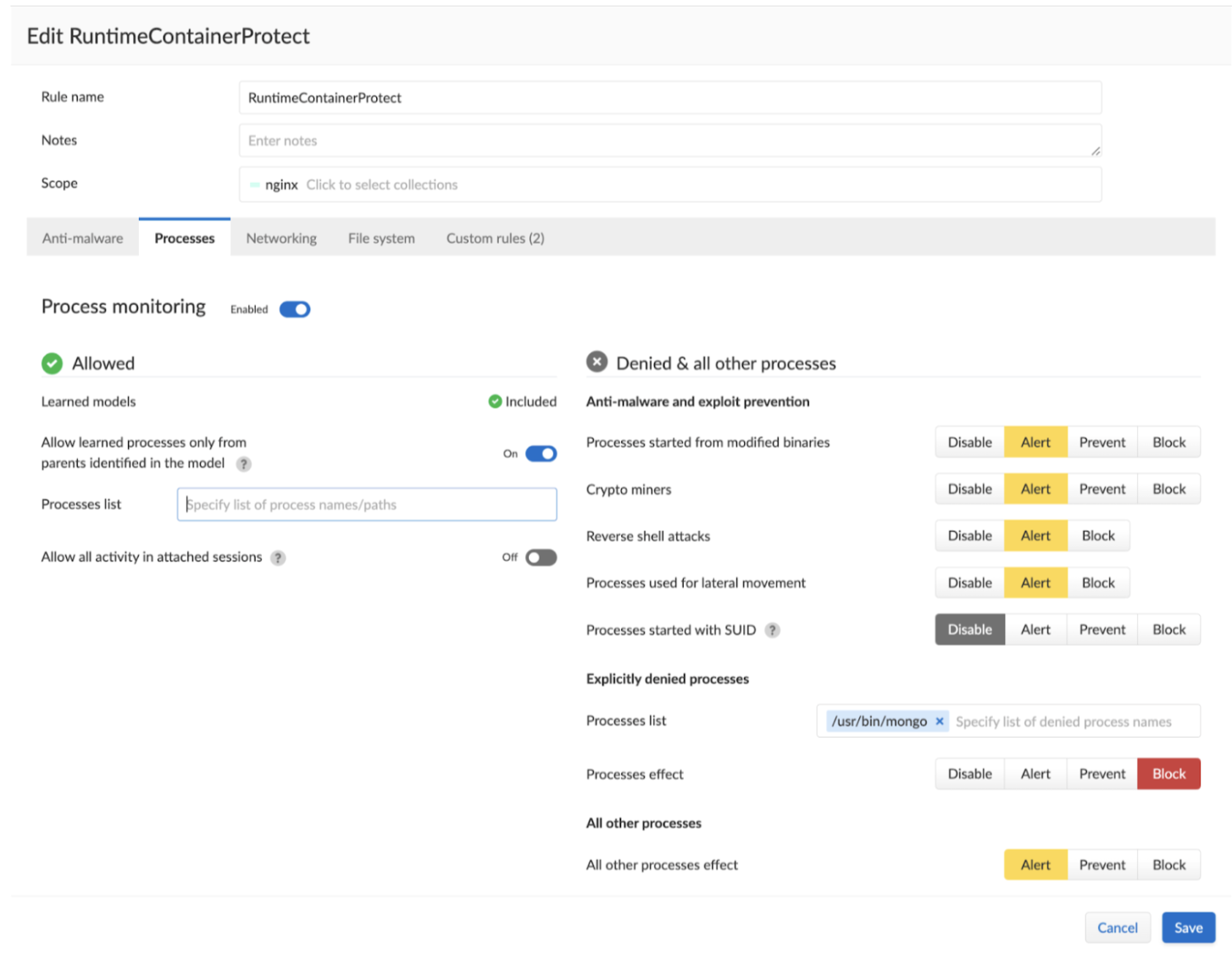 containerRuntimeRule Processes