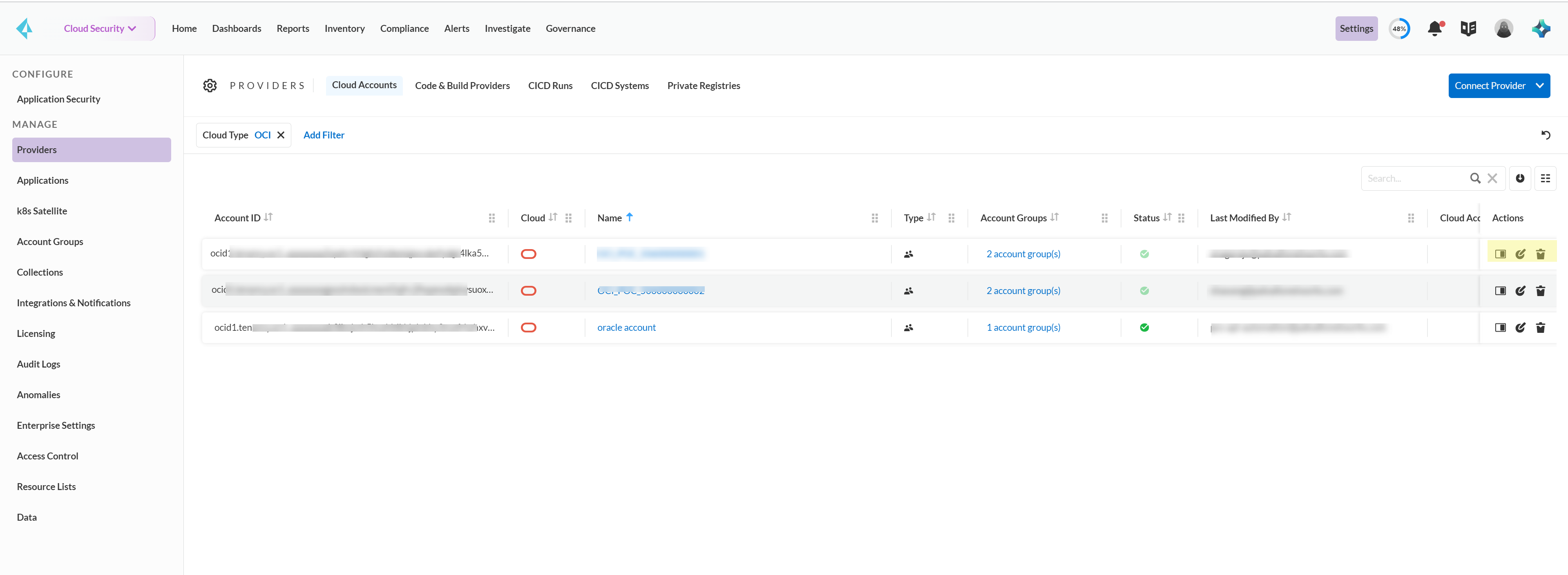 manage oci accounts page